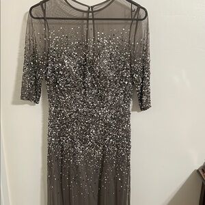 Adrianna Papell Silver Sequin Long Sleeve Mesh Dress